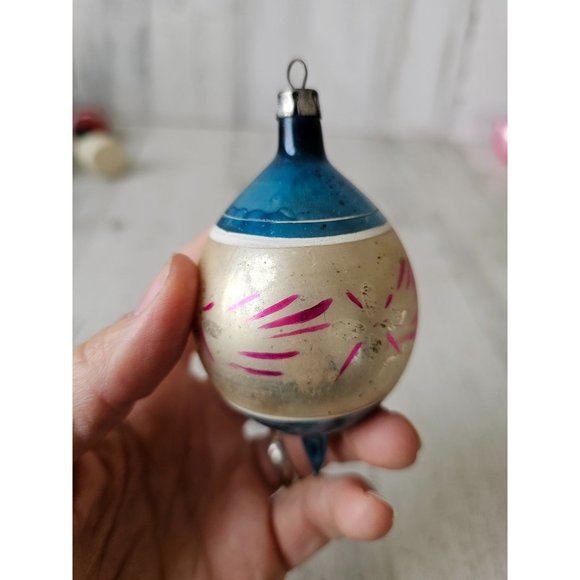 Antique Poland teardrop striped blue pink ornament Xmas Mercury glass tree - Picture 1 of 9